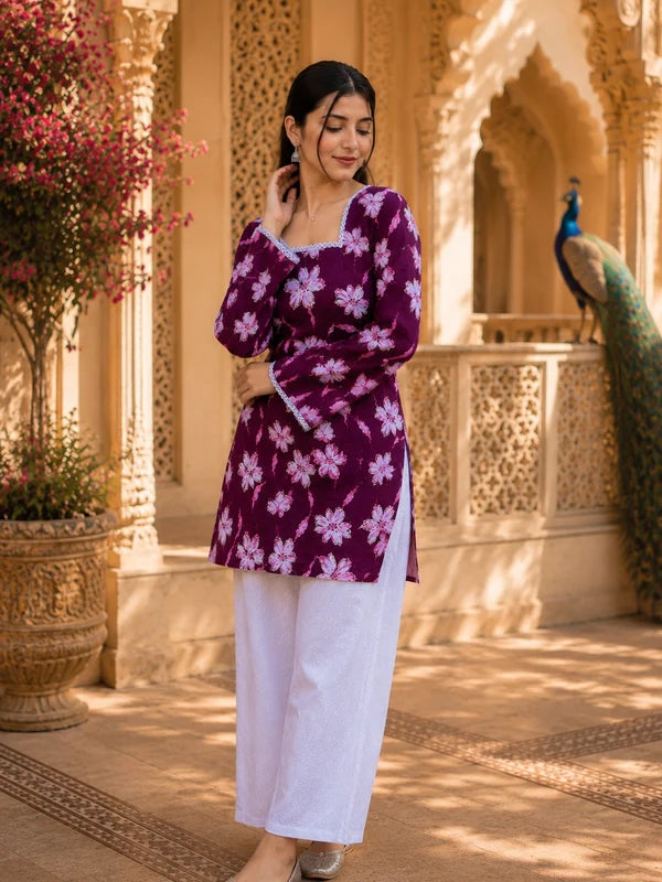 Black Floral Printed Cotton Kurta for Women