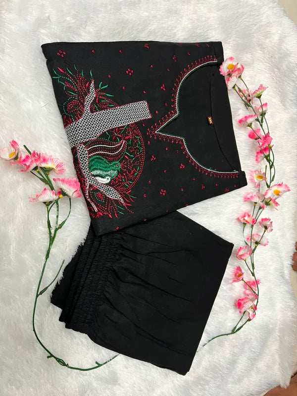 Black Floral Embroidered Cotton Kurta & Pant Set for Women