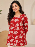 Red Floral Printed Rayon A-Line Kurti