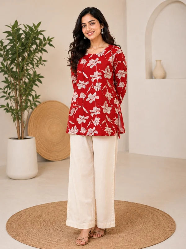 Red Floral Printed Rayon A-Line Kurti