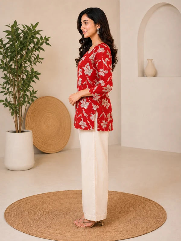 Red Floral Printed Rayon A-Line Kurti