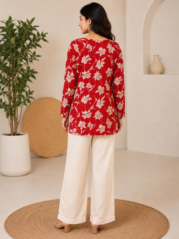 Red Floral Printed Rayon A-Line Kurti