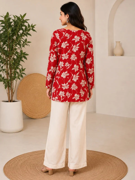 White Floral Printed Rayon A-Line Kurti