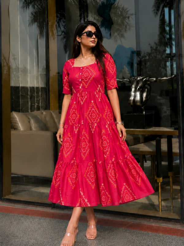 Pink Bandhani Print Rayon Midi Dress for Women