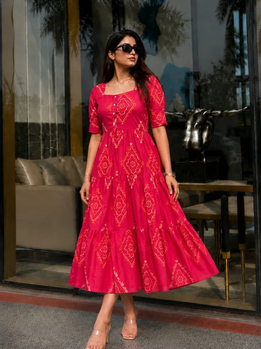 Pink Bandhani Print Rayon Midi Dress for Women