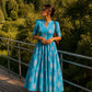 Blue Printed Cotton Midi Dress for Women