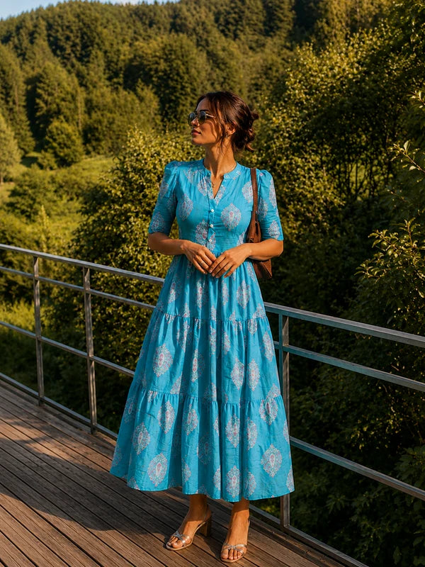 Blue Printed Cotton Midi Dress for Women