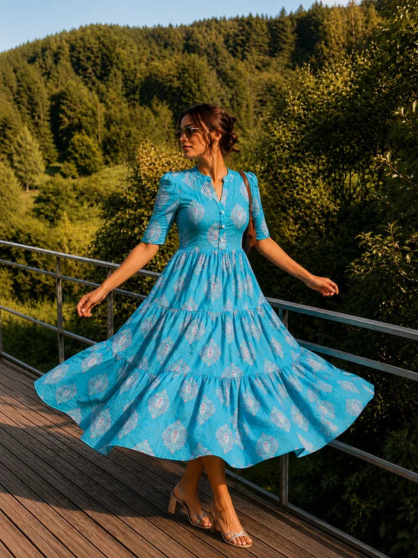 Blue Printed Cotton Midi Dress for Women