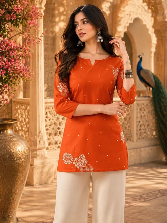Orange Floral Printed Cotton Kurta for Women