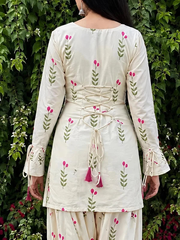 Women’s Ivory White Floral Cotton Kurta Pant Set with Pink Dupatta
