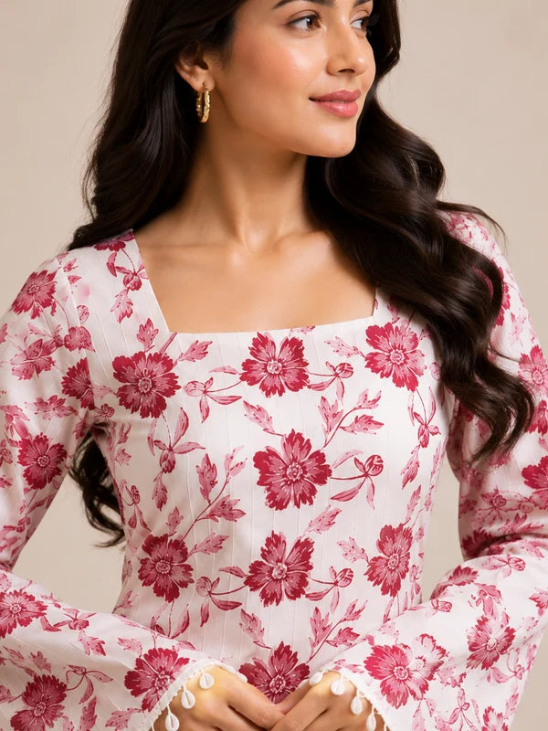 Black Floral Printed Cotton Kurta for Women