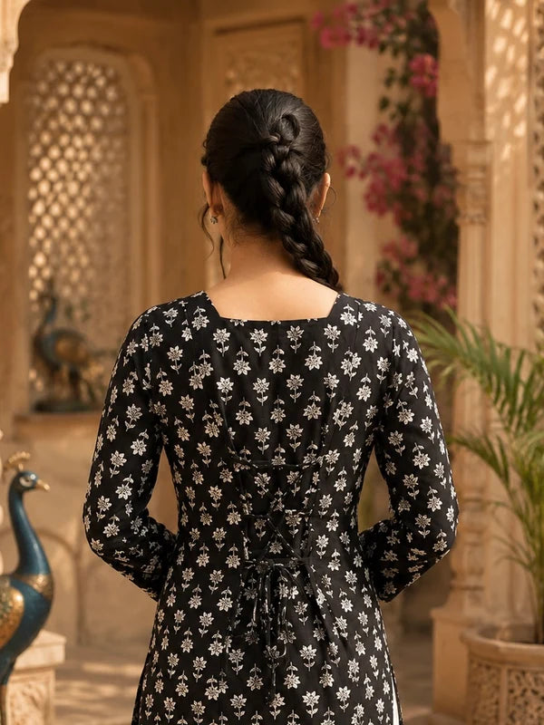 Black Floral Printed Cotton Kurti with Square Neck