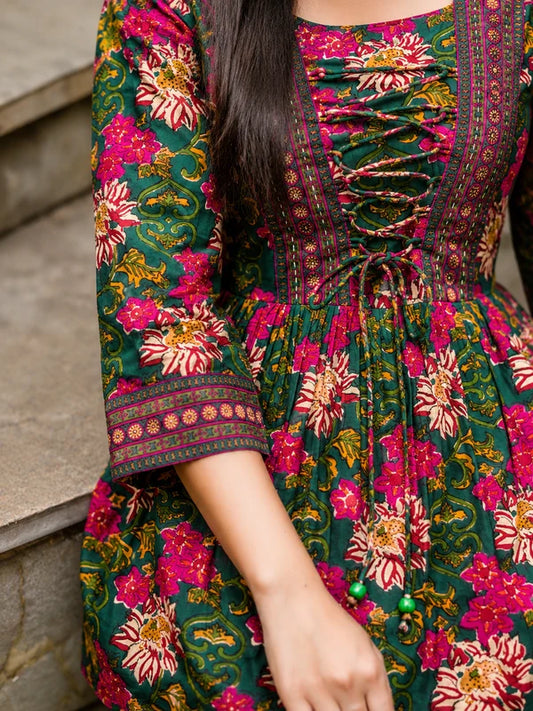 Green Floral Printed Rayon Top for Women