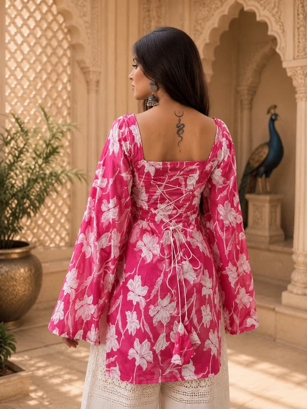 Red Floral Printed Rayon A-Line Kurti