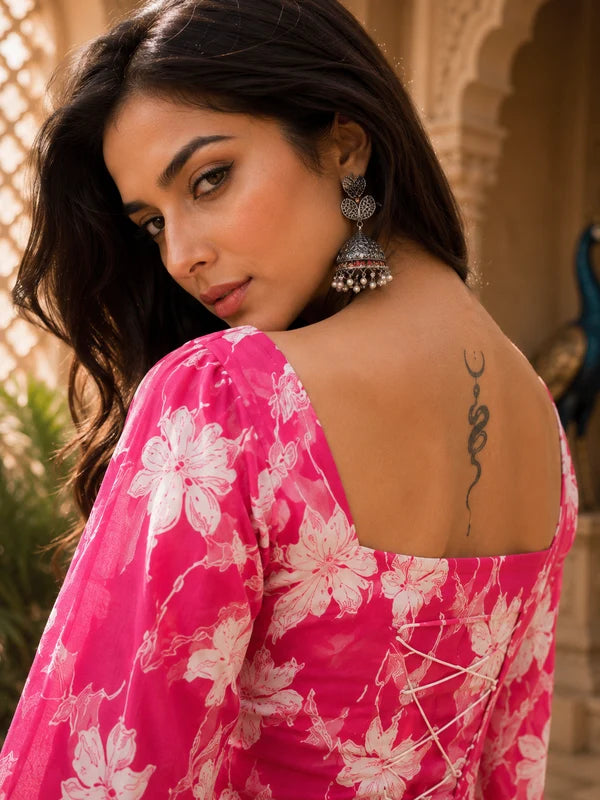 Pink Floral Printed Rayon Kurti for Women