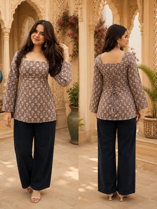 Black Floral Printed Cotton Kurti with Square Neck