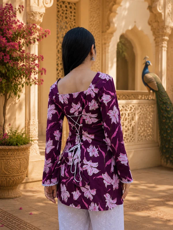 Black Floral Printed Cotton Kurta for Women