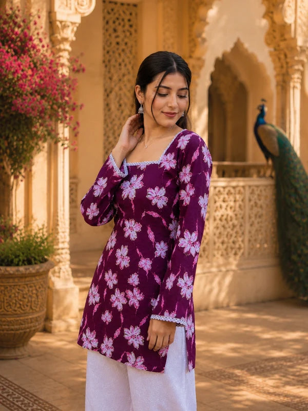 Black Floral Printed Cotton Kurta for Women