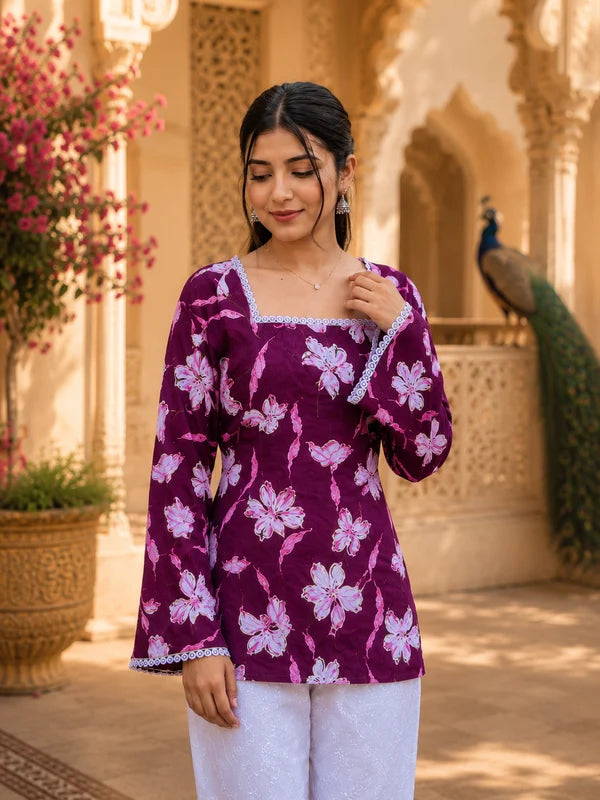 Black Floral Printed Cotton Kurta for Women