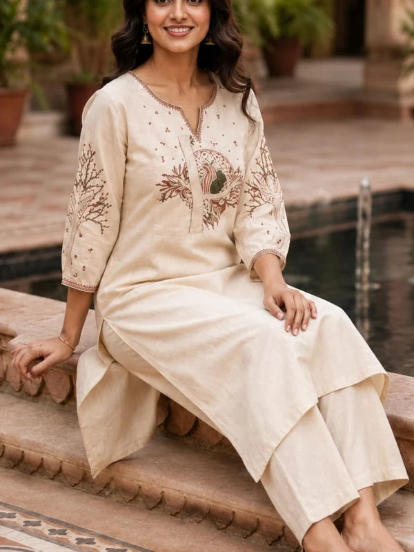 Beige Floral Embroidered Cotton Kurta & Pant Set for Women