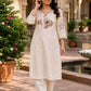 Beige Floral Embroidered Cotton Kurta & Pant Set for Women